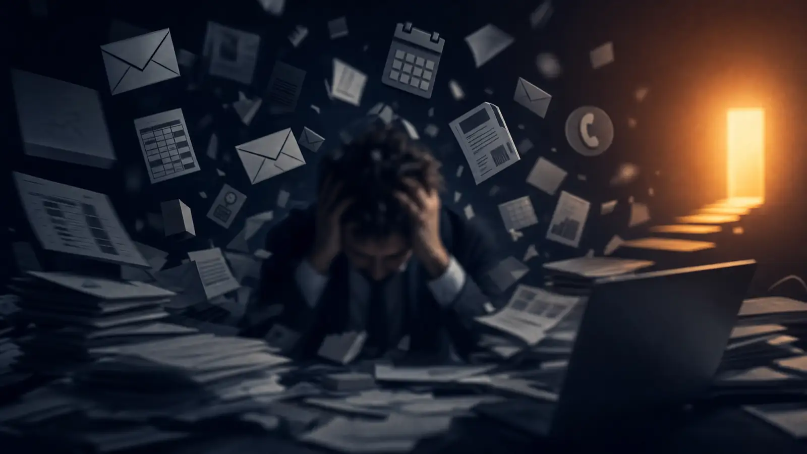 A business owner buried in paperwork, emails and unanswered messages