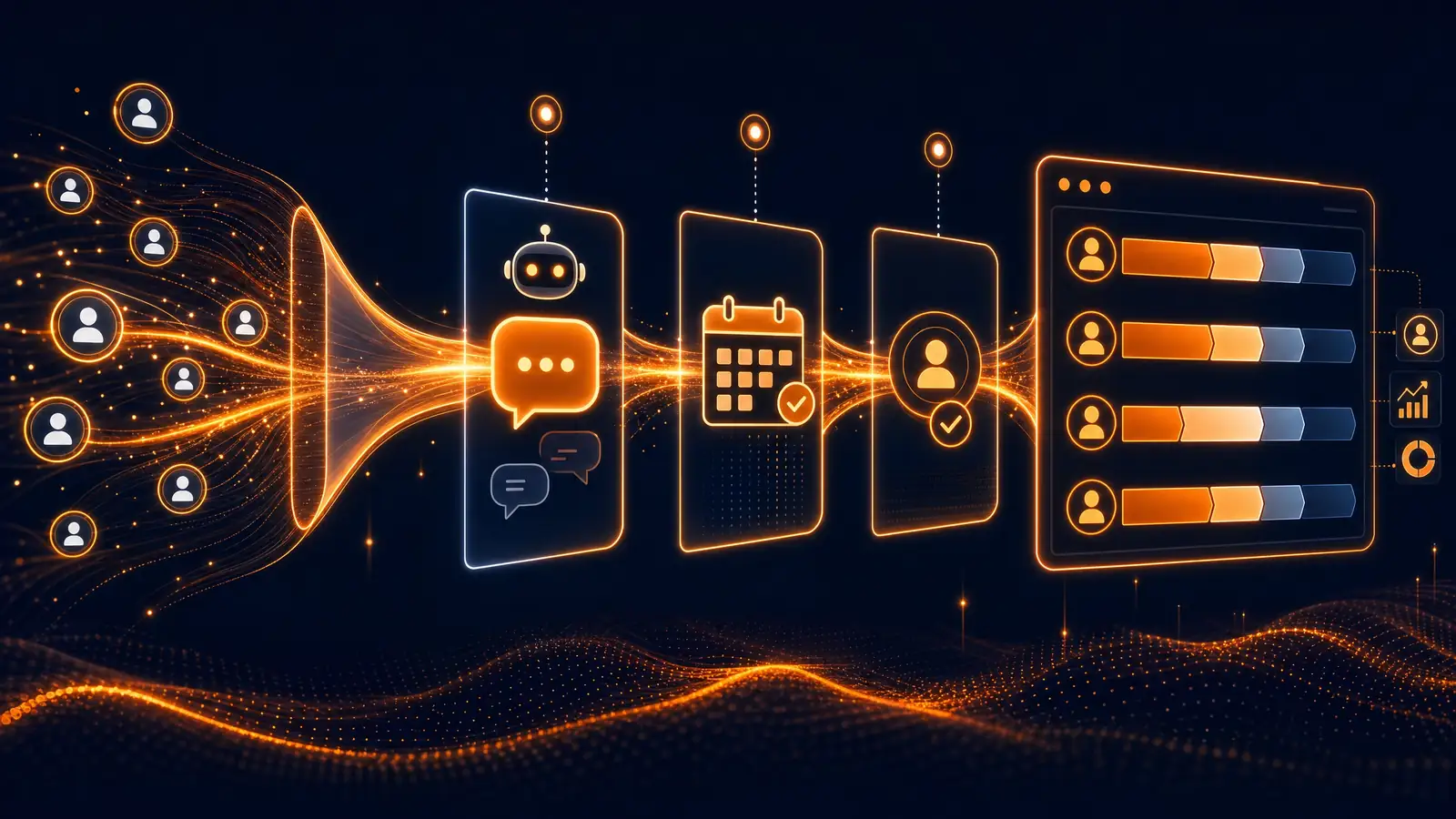 AI sales pipeline: leads funnel through chat, booking and qualification into a managed pipeline
