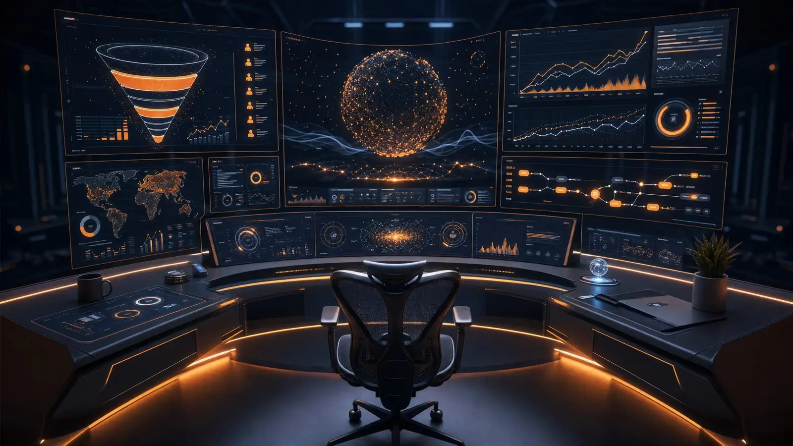 An AI operations control room — dashboards, workflow maps and live business metrics on every screen
